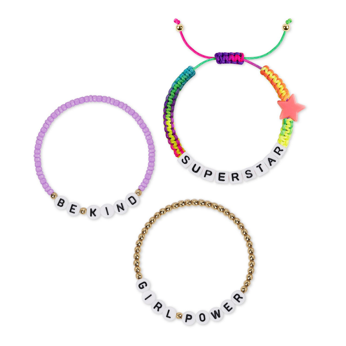 Three colorful bracelets with motivational phrases on a white background
