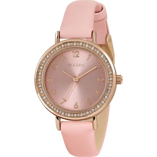 Pink watch with rose gold case and strap on a white background