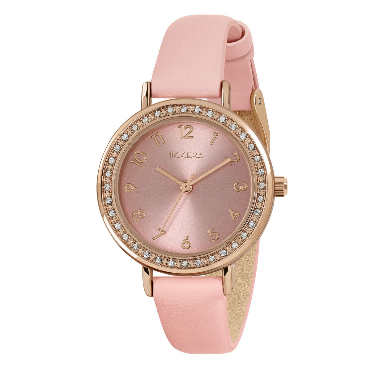 Pink watch with rose gold case and strap on a white background