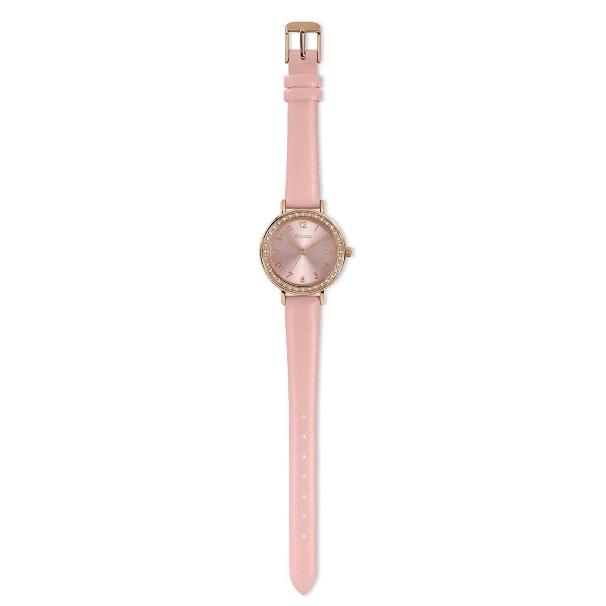 Pink watch with a gold face on a white background