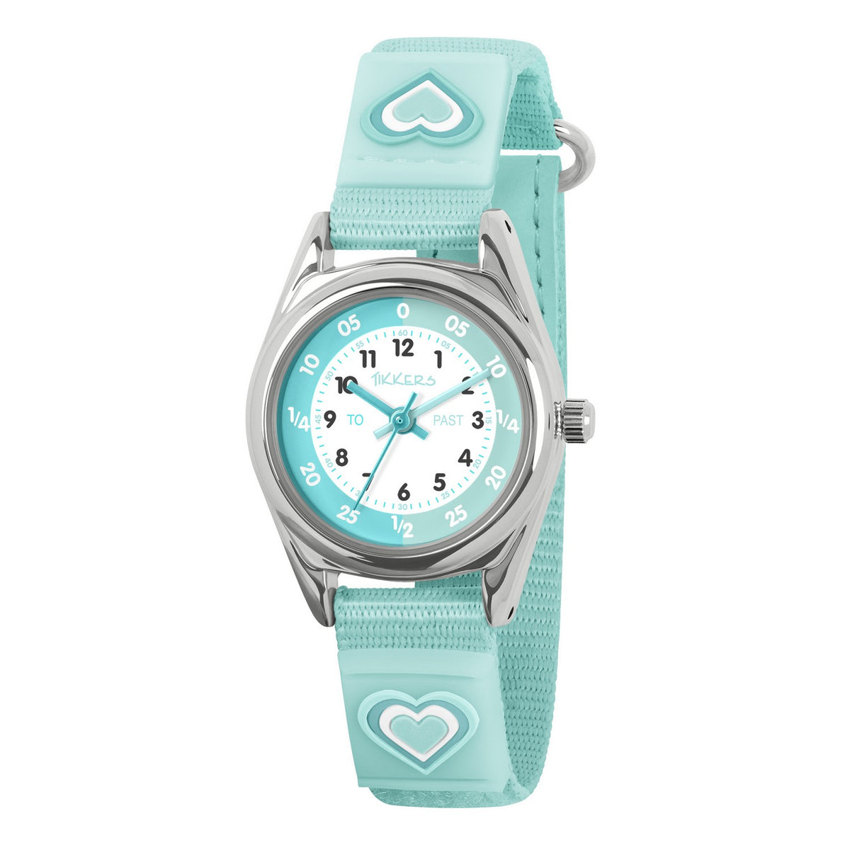 Children's watch with turquoise strap and face on a white background