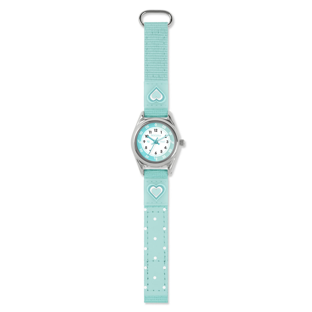 Children's watch with a turquoise strap featuring heart designs on a white background