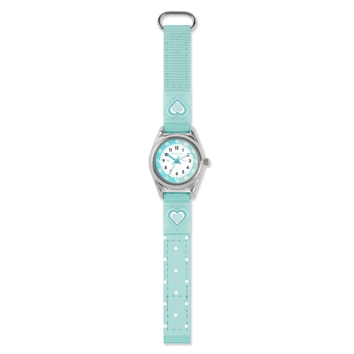 Children's watch with a turquoise strap featuring heart designs on a white background