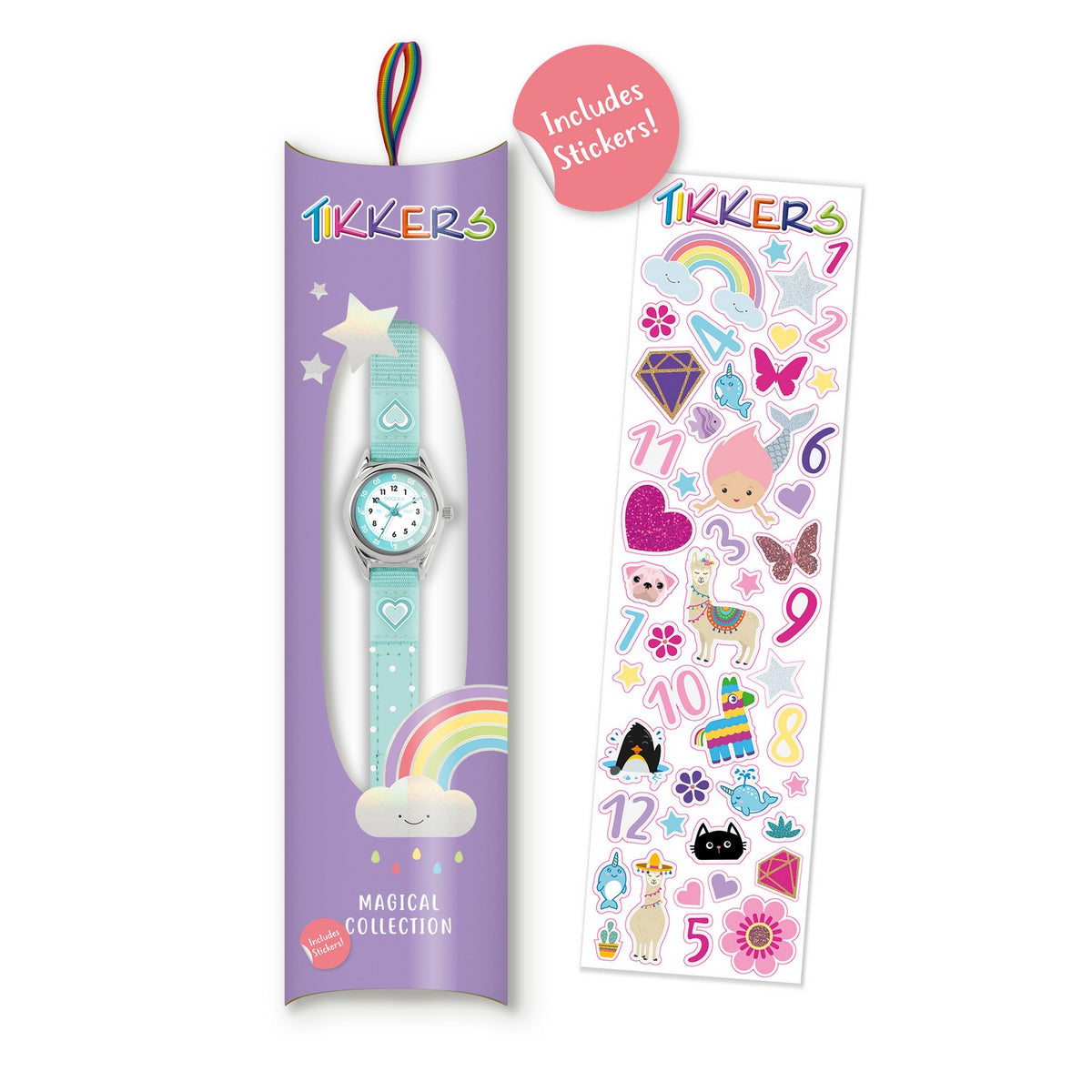 Tikkers watch with packaging and stickers on a white background