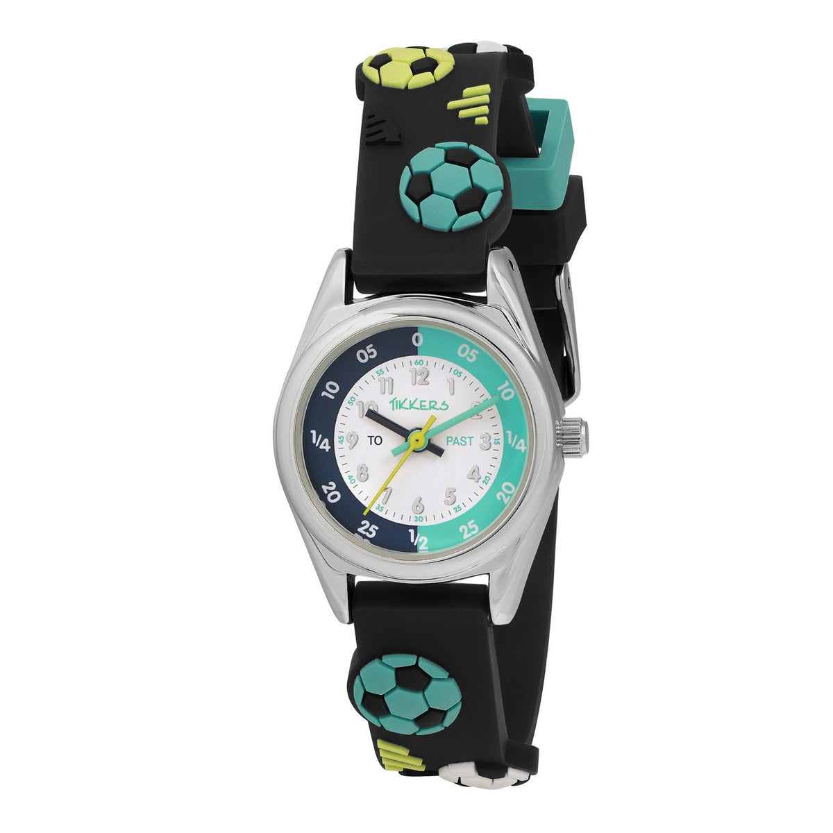 Children's watch with soccer-themed strap on a white background