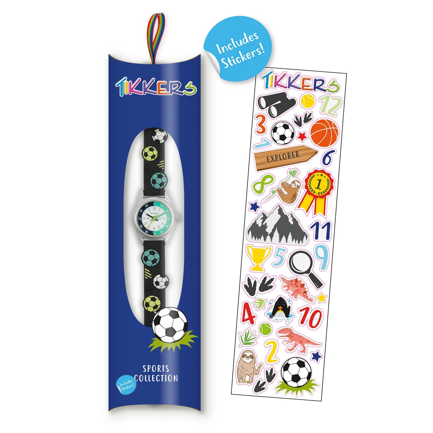 Children's watch with soccer-themed strap on a white background