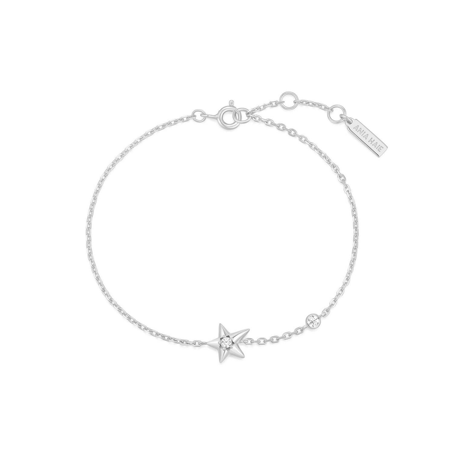 Silver bracelet with a star-shaped charm on a white background