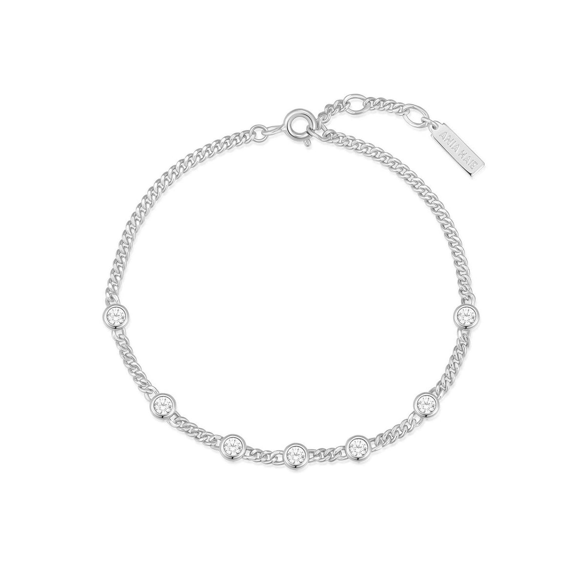 Silver bracelet with small diamonds on a white background