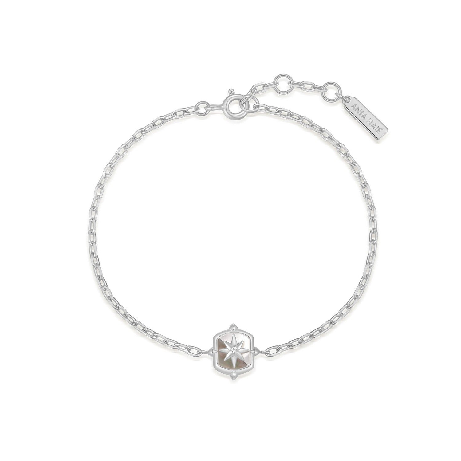 Silver bracelet with a star-shaped clasp on a white background