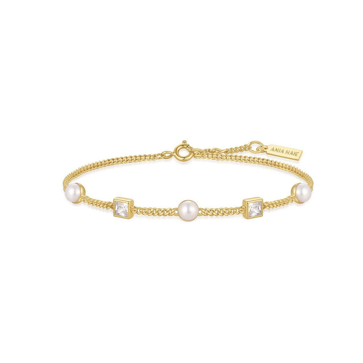 Gold Bezel-Set Cube and Pearl Station Bracelet B069-02G