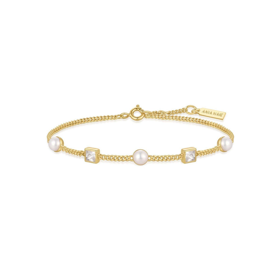 Gold Bezel-Set Cube and Pearl Station Bracelet B069-02G