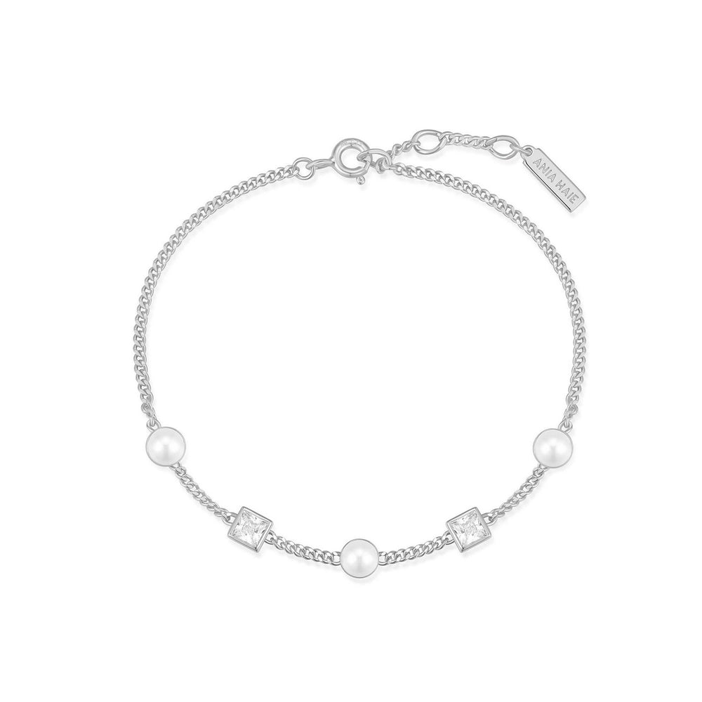 Silver Bezel-Set Cube and Pearl Station Bracelet B069-02H