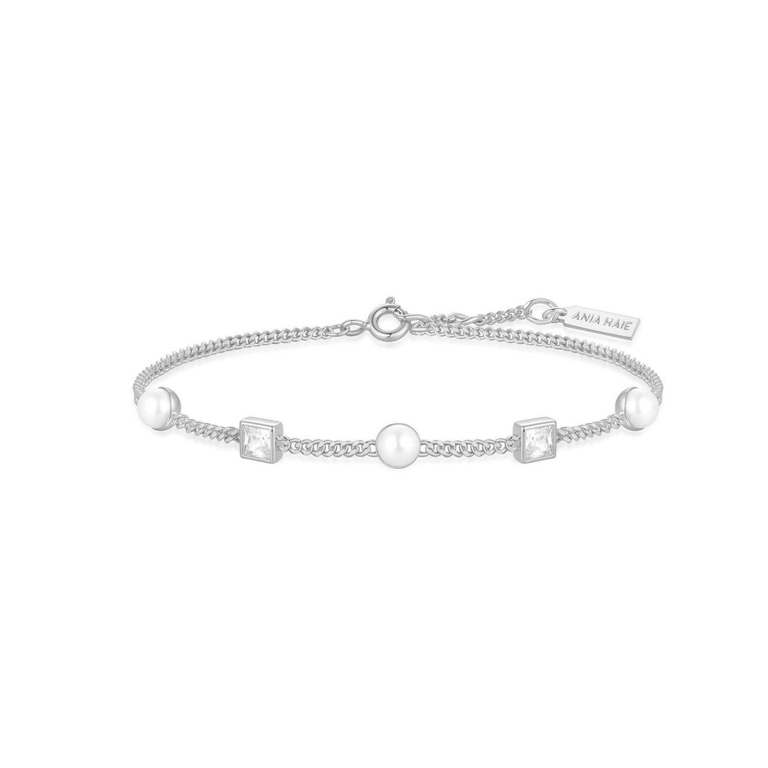 Silver Bezel-Set Cube and Pearl Station Bracelet B069-02H