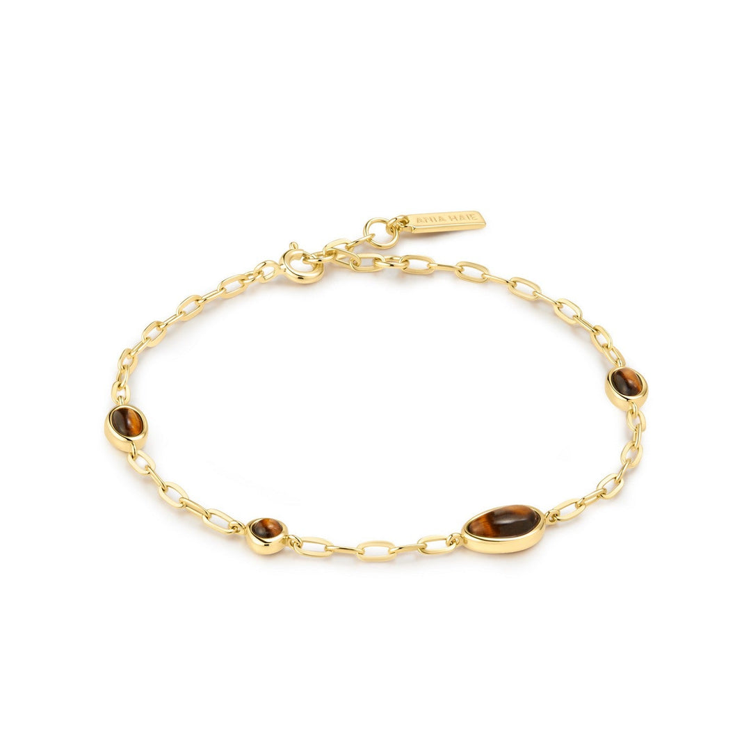Ania Haie Wanderer Gold Bezel Tigers Eye Organic Dome Pebble Station Bracelet B076-09G-TE