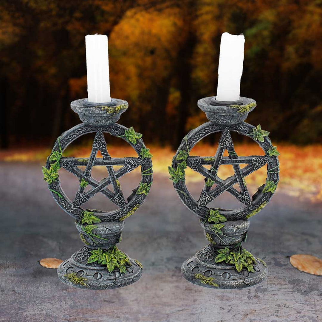 Set of 2 Wiccan Pentagram Candlesticks Witch Candle Holders B2539G6