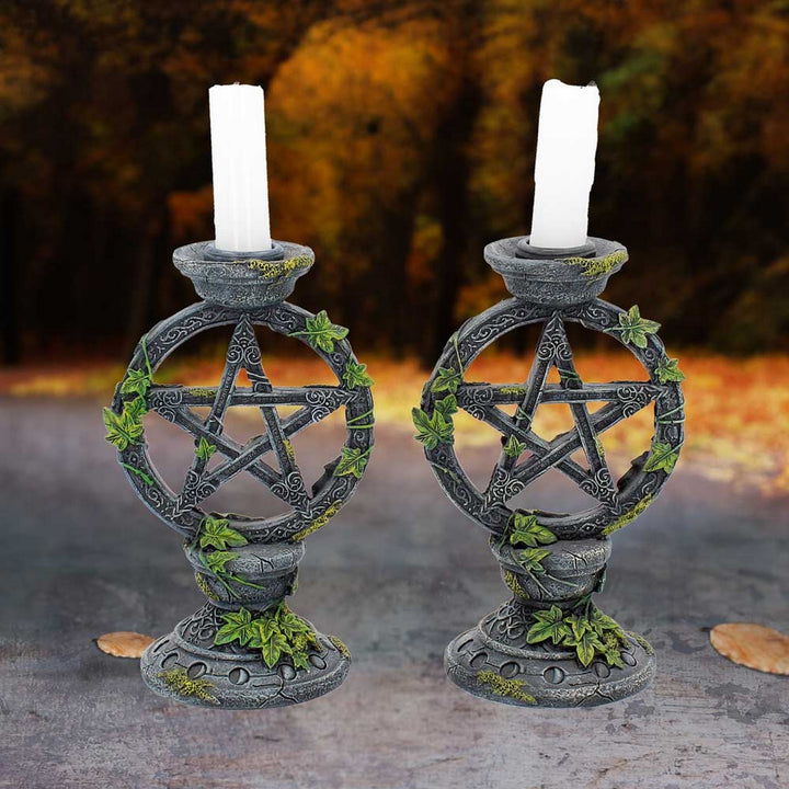 Set of 2 Wiccan Pentagram Candlesticks Witch Candle Holders B2539G6