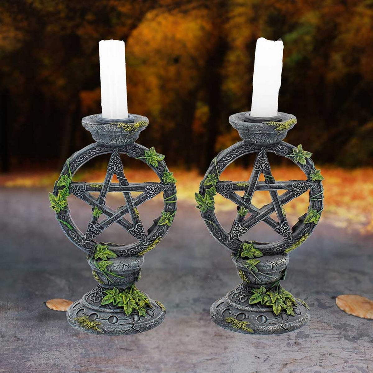 Set of 2 Wiccan Pentagram Candlesticks Witch Candle Holders B2539G6