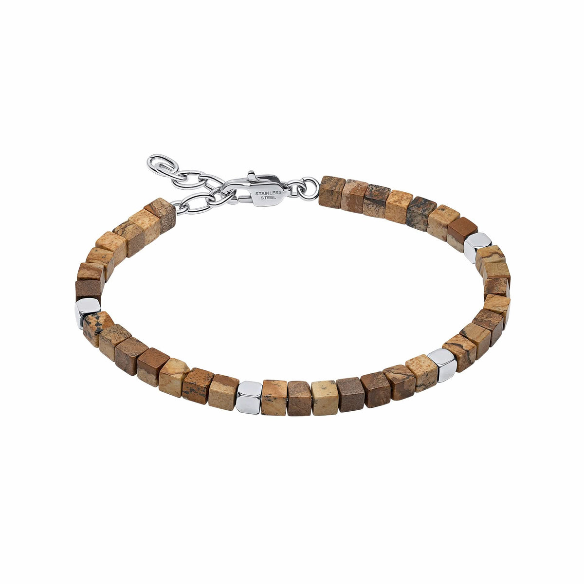 Square Steel Light Brown Stone Beads Lobster Clasp 19-22cm Bracelet B5513