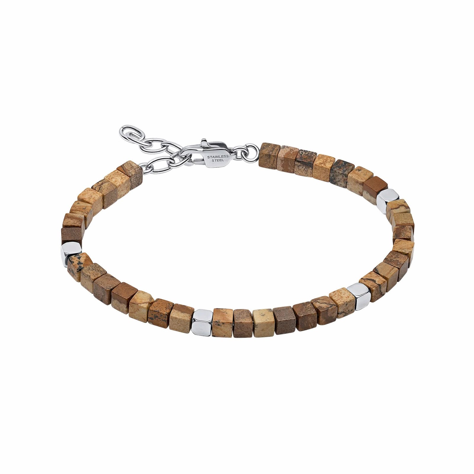 Square Steel Light Brown Stone Beads Lobster Clasp 19-22cm Bracelet B5513