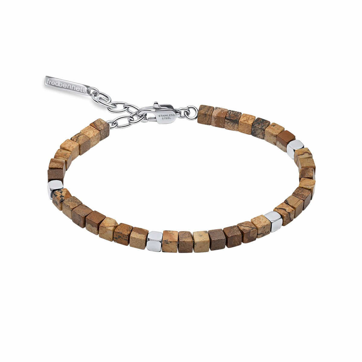 Square Steel Light Brown Stone Beads Lobster Clasp 19-22cm Bracelet B5513