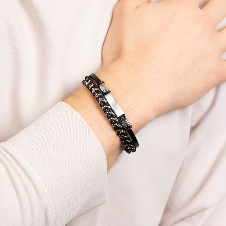 Stainless Steel Black Leather Bracelet B5574B