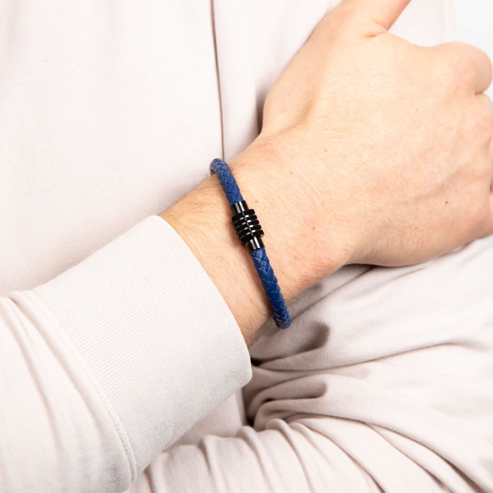 Stainless Steel Blue Beads Blue Leather Bracelet B5575L