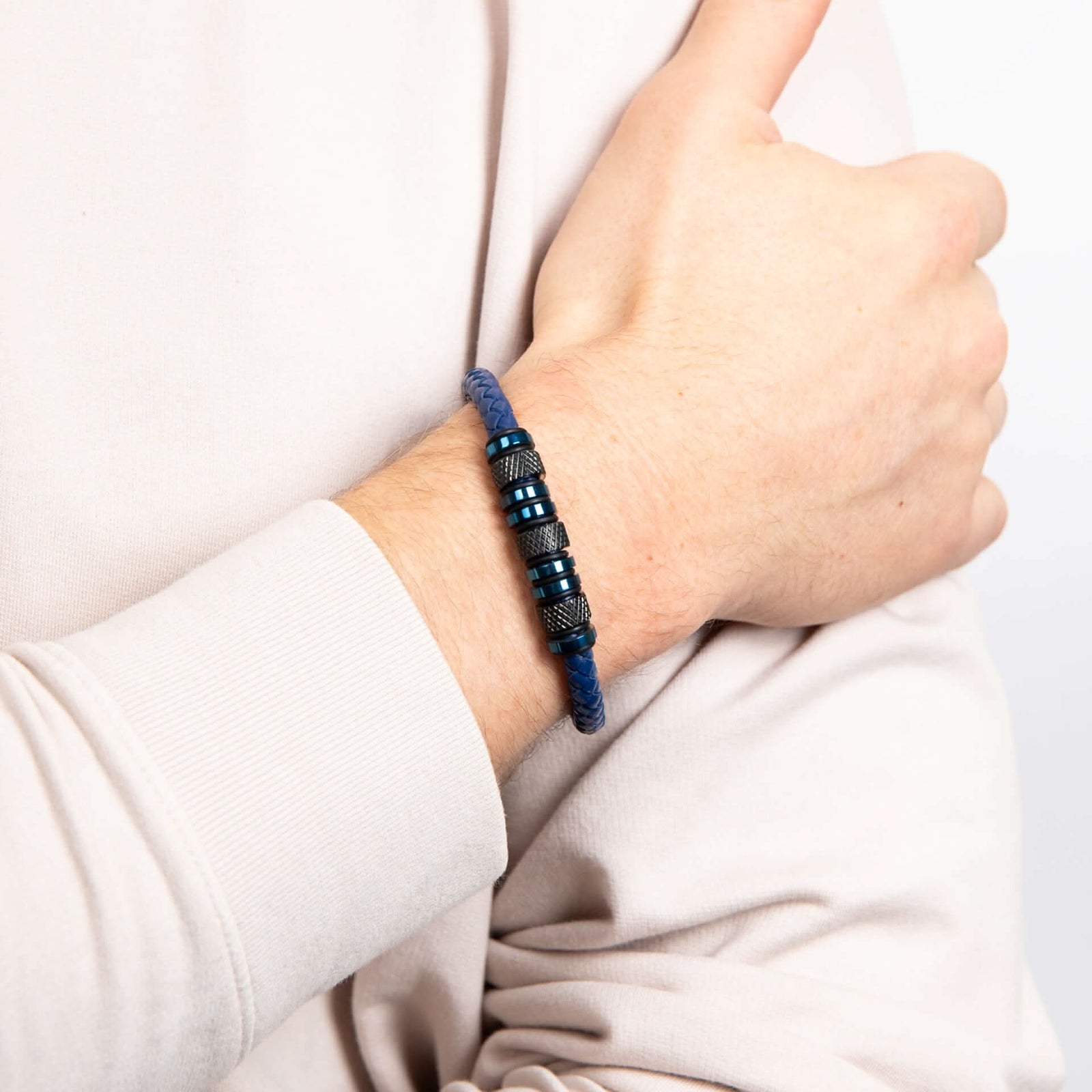 Stainless Steel Blue Beads Blue Leather Bracelet B5575L