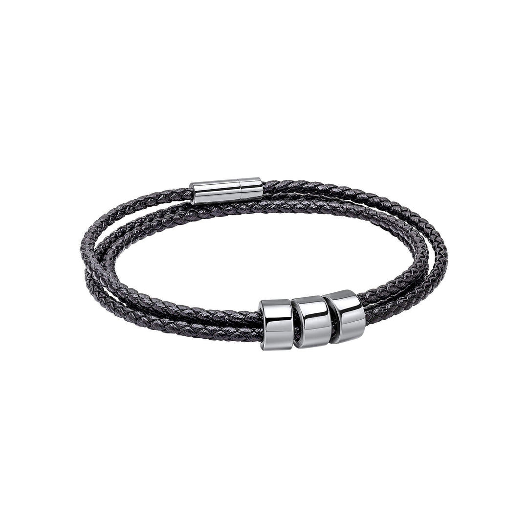 3 Rows Black Leather Stainless Steel Bead Bracelet B5576B