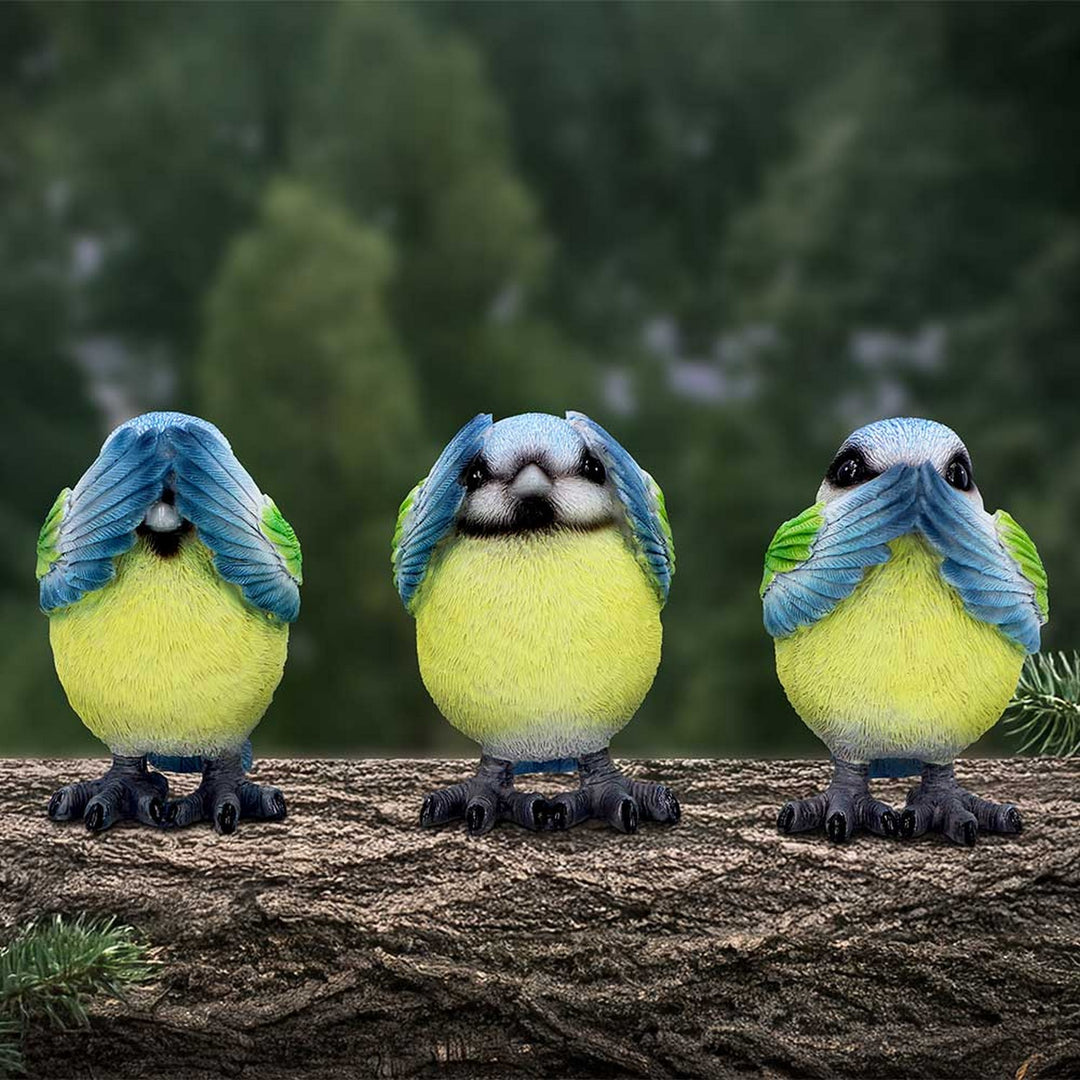 Three Wise Blue Tit Figurines in See no, Hear no, Speak no evil poses B6947A25