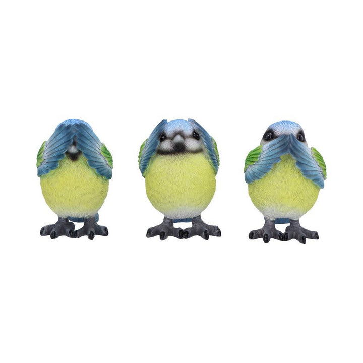 Three Wise Blue Tit Figurines in See no, Hear no, Speak no evil poses B6947A25