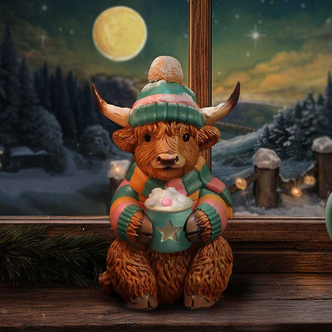Winter Highland Cow Hot Cocoa Figurine 12.3cm B7652B26