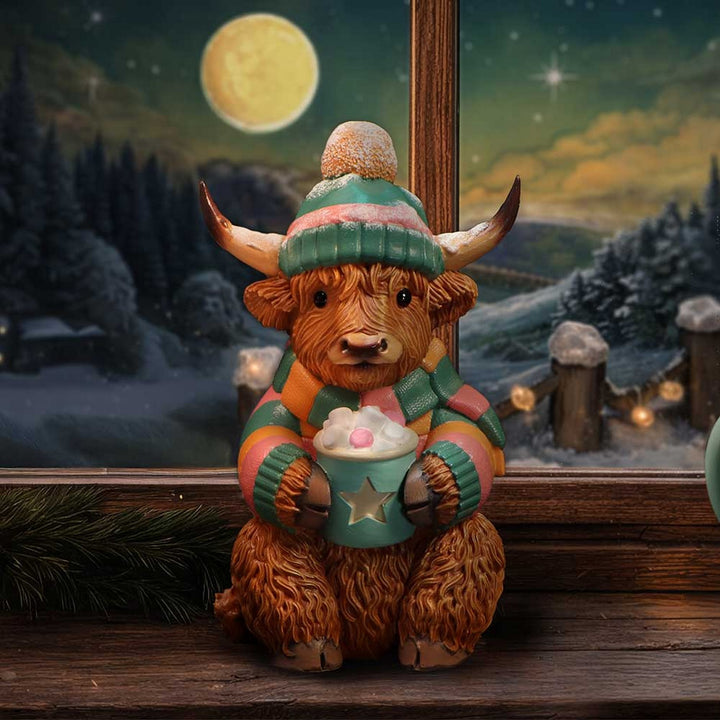 Winter Highland Cow Hot Cocoa Figurine 12.3cm B7652B26