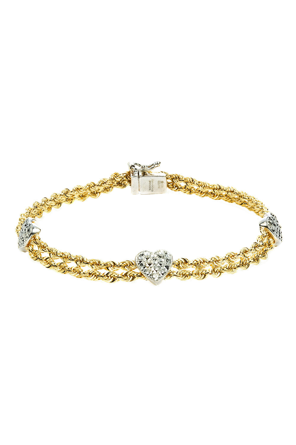 9ct Yellow Gold & Sterling Silver Bonded Double Rope & Hearts Bracelet