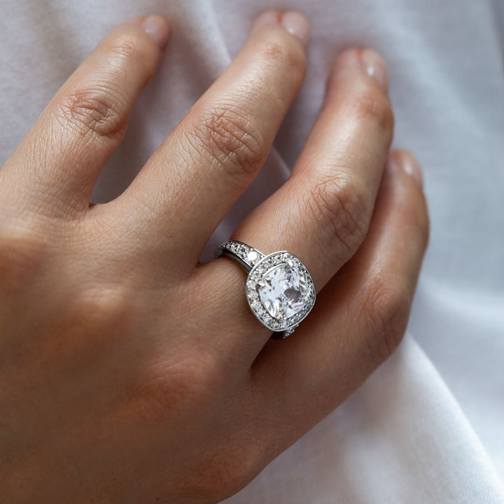 Sterling Silver Cubic Zirconia Princess Cut Halo Ring