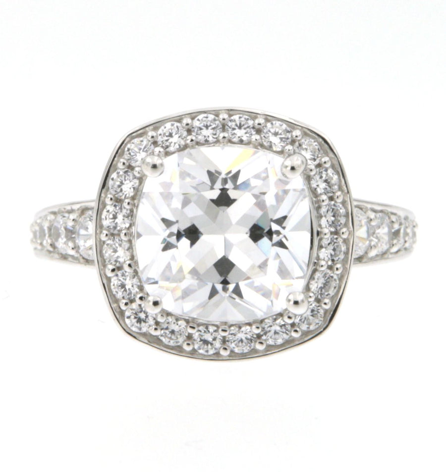 Sterling Silver Cubic Zirconia Princess Cut Halo Ring