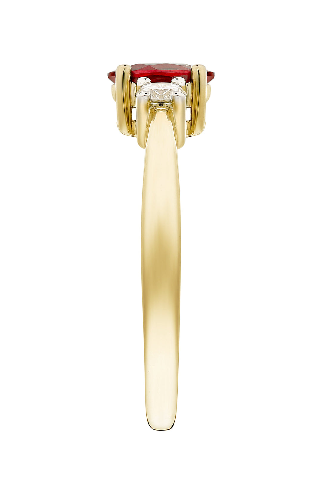 9ct Yellow Gold 6x4 Oval Treated Ruby and 0.10ct Diamond Three Stone Ring