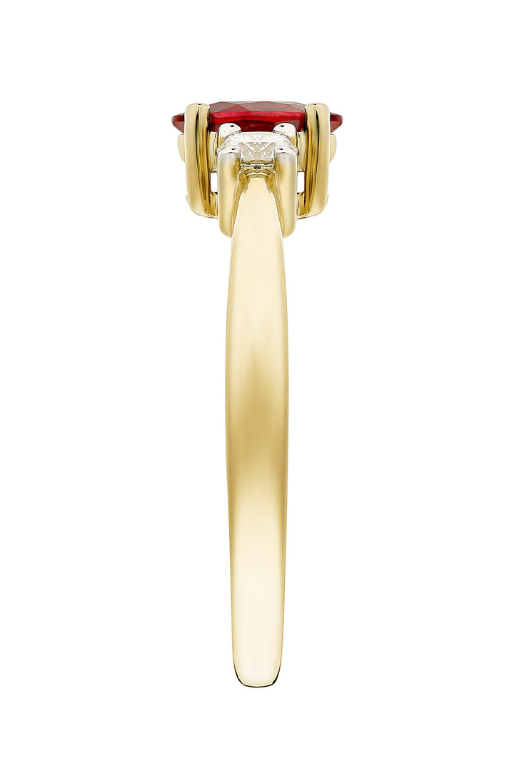 9ct Yellow Gold 6x4 Oval Treated Ruby and 0.10ct Diamond Three Stone Ring