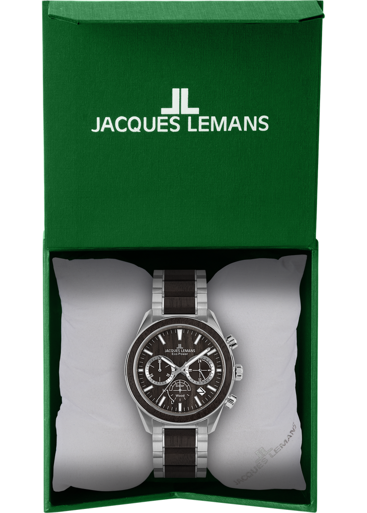 Eco Power Solar Wood Chronograph Stainless Steel Men's Bracelet Watch