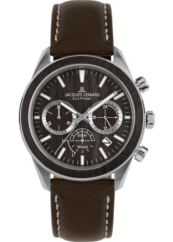 Eco Power Solar Chronograph Wood Dark Brown Vegan Strap Men's Watch