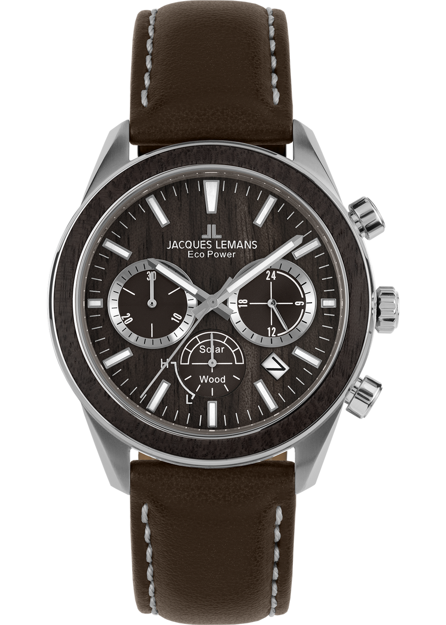 Eco Power Solar Chronograph Wood Dark Brown Vegan Strap Men's Watch