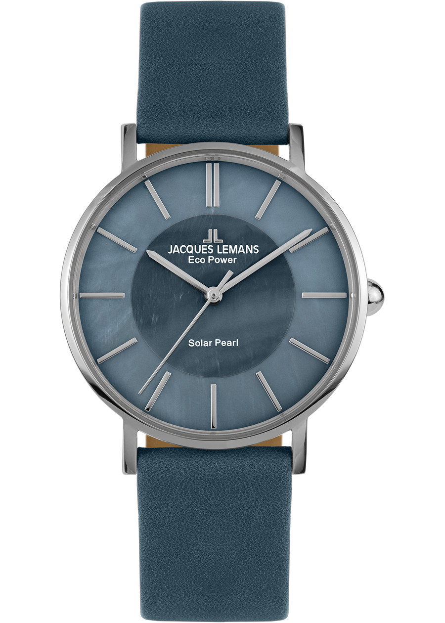 Eco Power Solar Mother of Pearl Light Blue Leather Strap Women's Watch