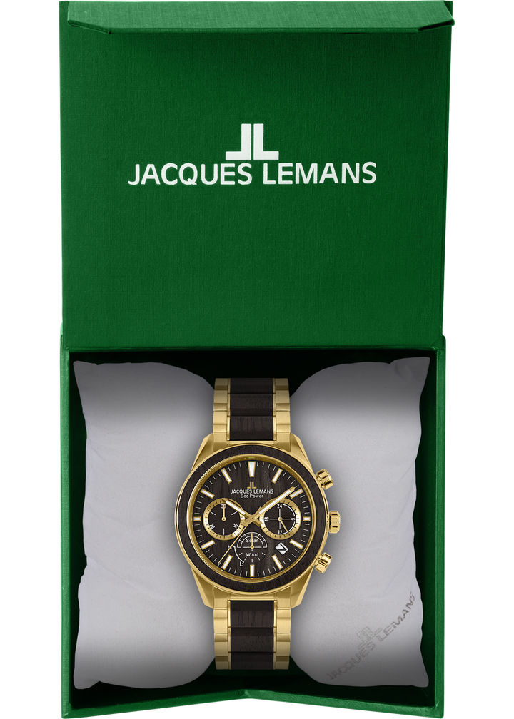 Eco Power Solar Wood Chronograph Gold Plated Vegan Men's Bracelet Watch