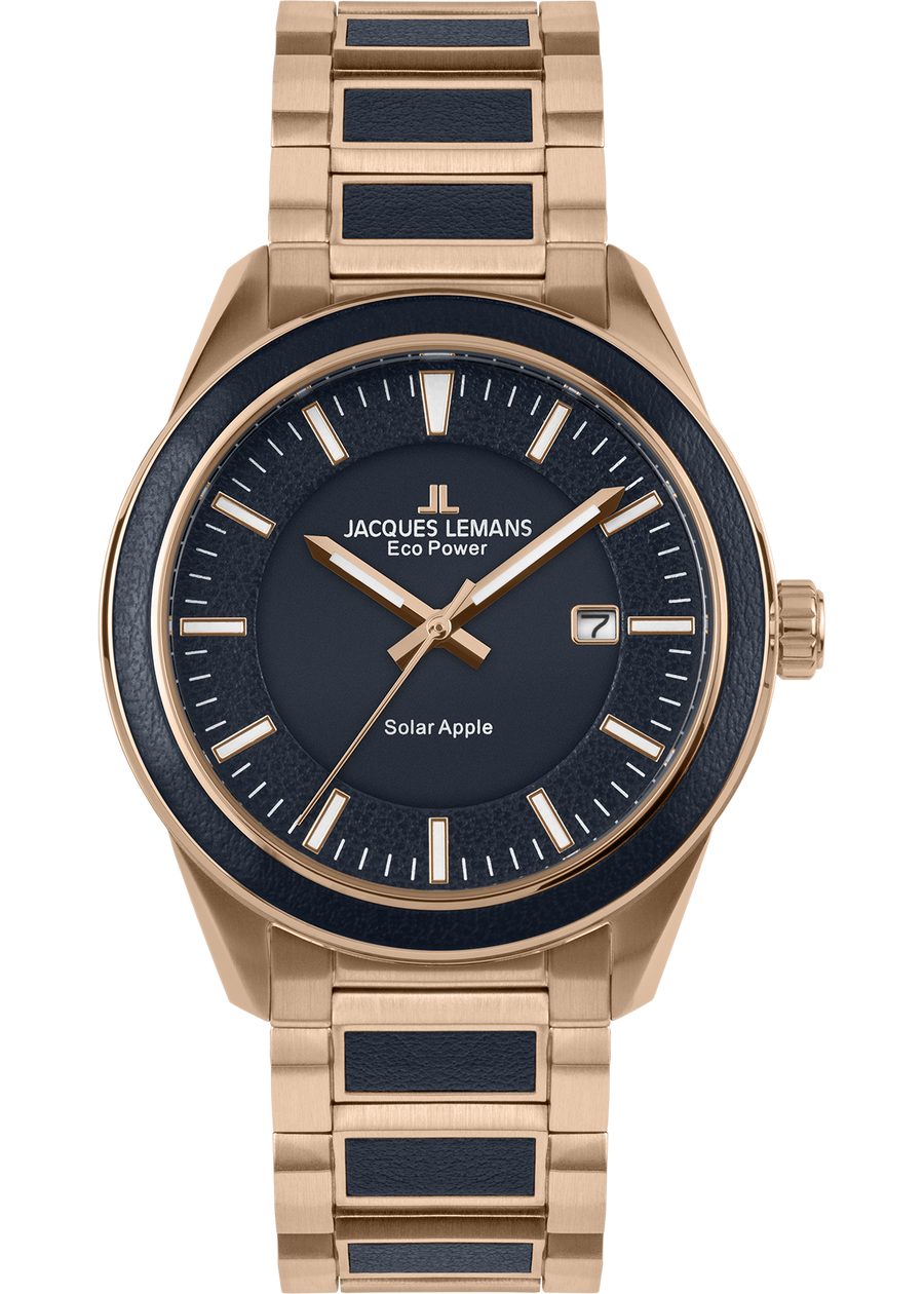 Eco Power Solar Stainless Steel Rose Gold Plated Vegan Men's Bracelet Watch