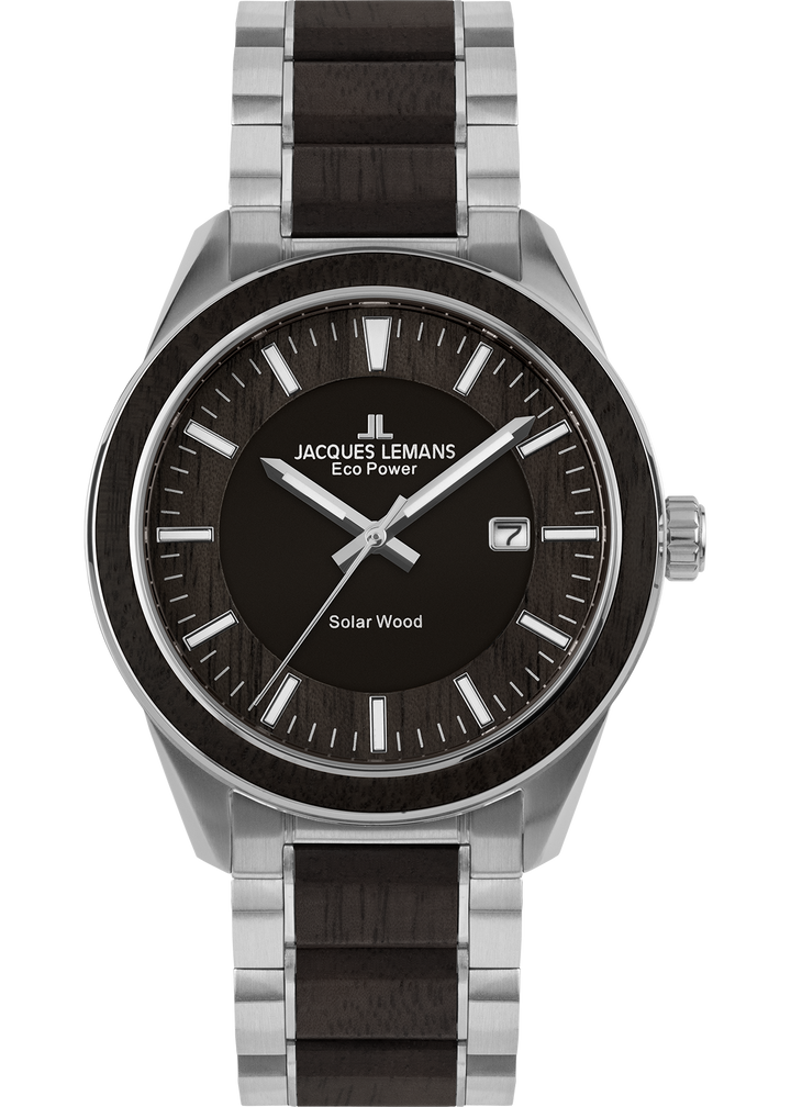 Eco Power Solar Wood Stainless Steel Men's Bracelet Watch