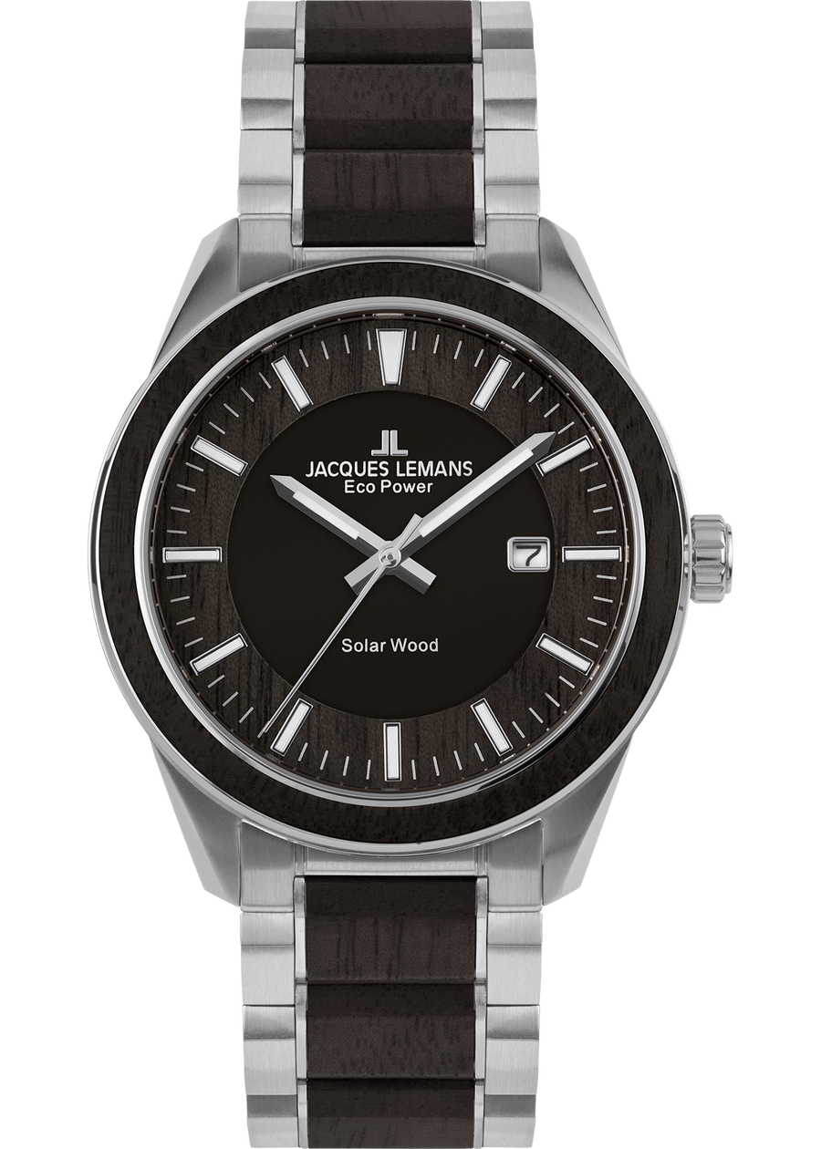 Eco Power Solar Wood Stainless Steel Men's Bracelet Watch