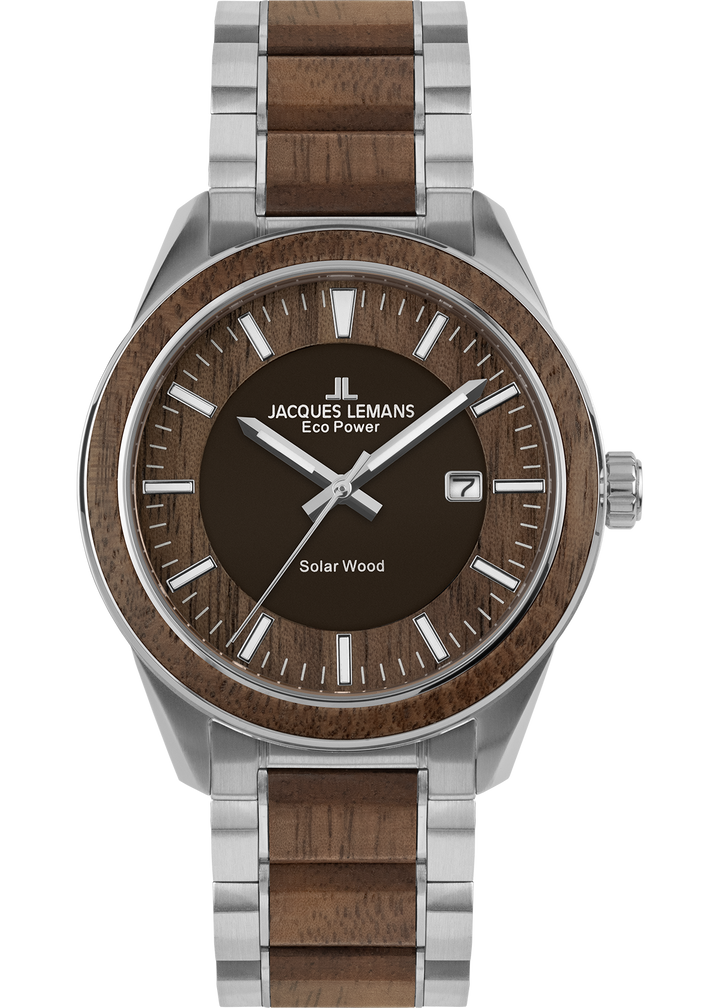 Eco Power Solar Wood Stainless Steel Men's Bracelet Watch