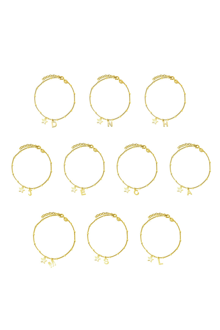 Gold Plated Sterling Silver Initial Star Charm Bracelet