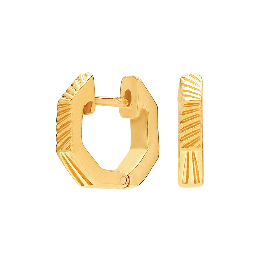 Gold Plated Sterling Silver Hexagonal Grooved Huggie Hoop Earrings-0