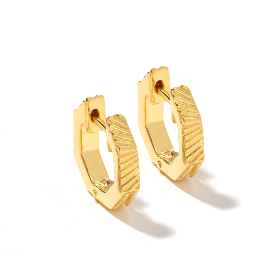 Gold Plated Sterling Silver Hexagonal Grooved Huggie Hoop Earrings-1