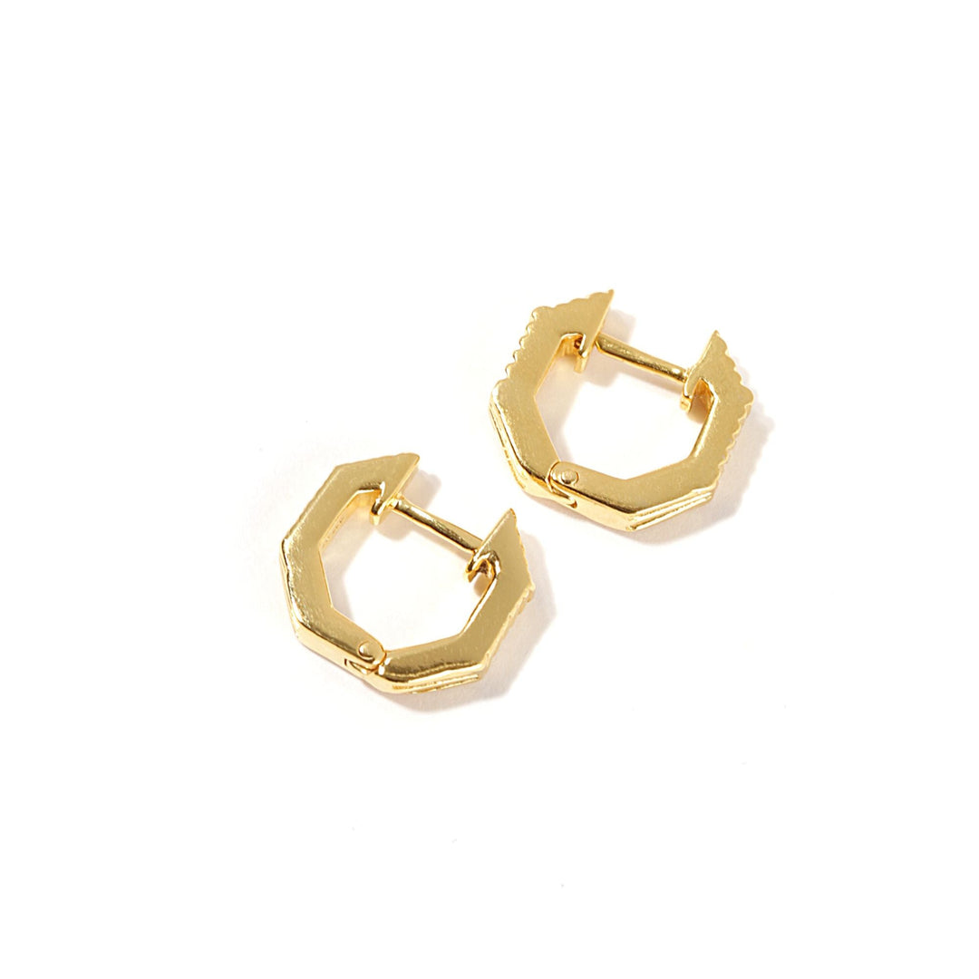 Gold Plated Sterling Silver Hexagonal Grooved Huggie Hoop Earrings-2